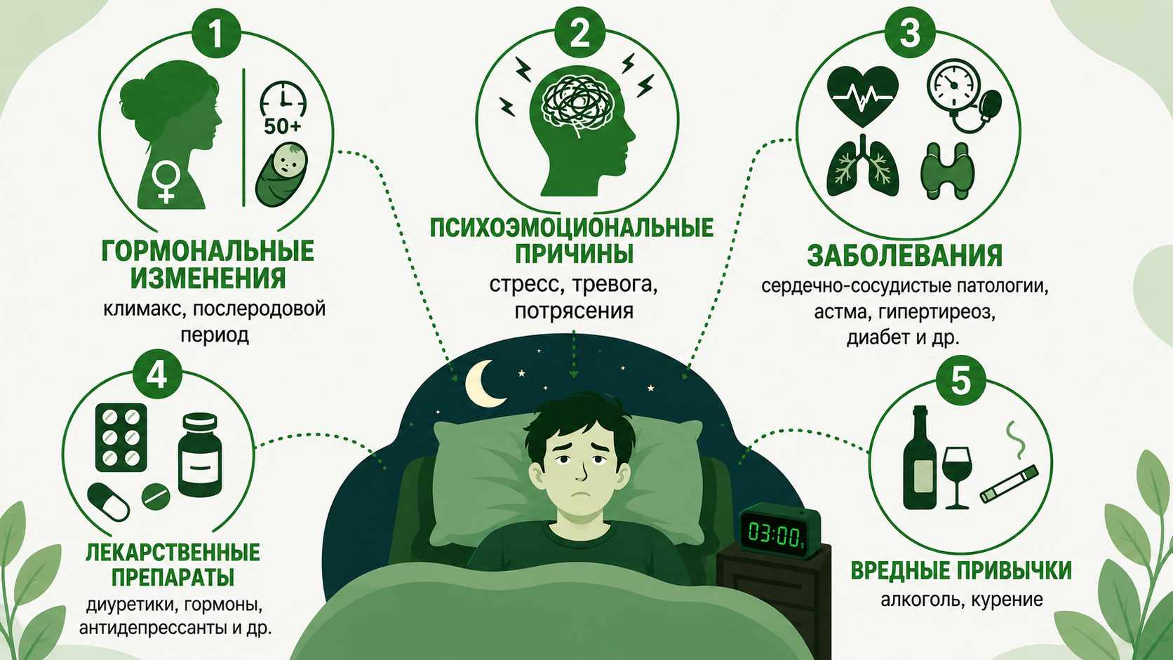 Инфографика с причинами бессонницы: гормональные изменения, психоэмоциональные факторы, заболевания, прием лекарств и вредные привычки.
